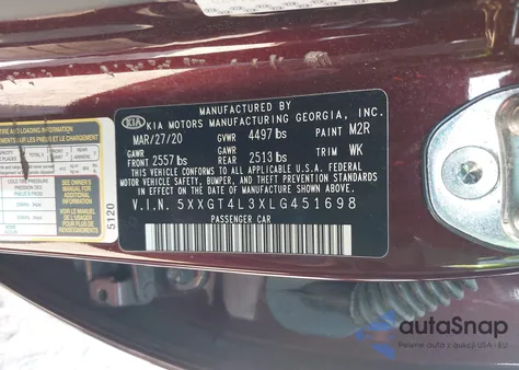 2020 Kia Optima Lx из США, поврежденный, VIN 5XXGT4L3XLG451698